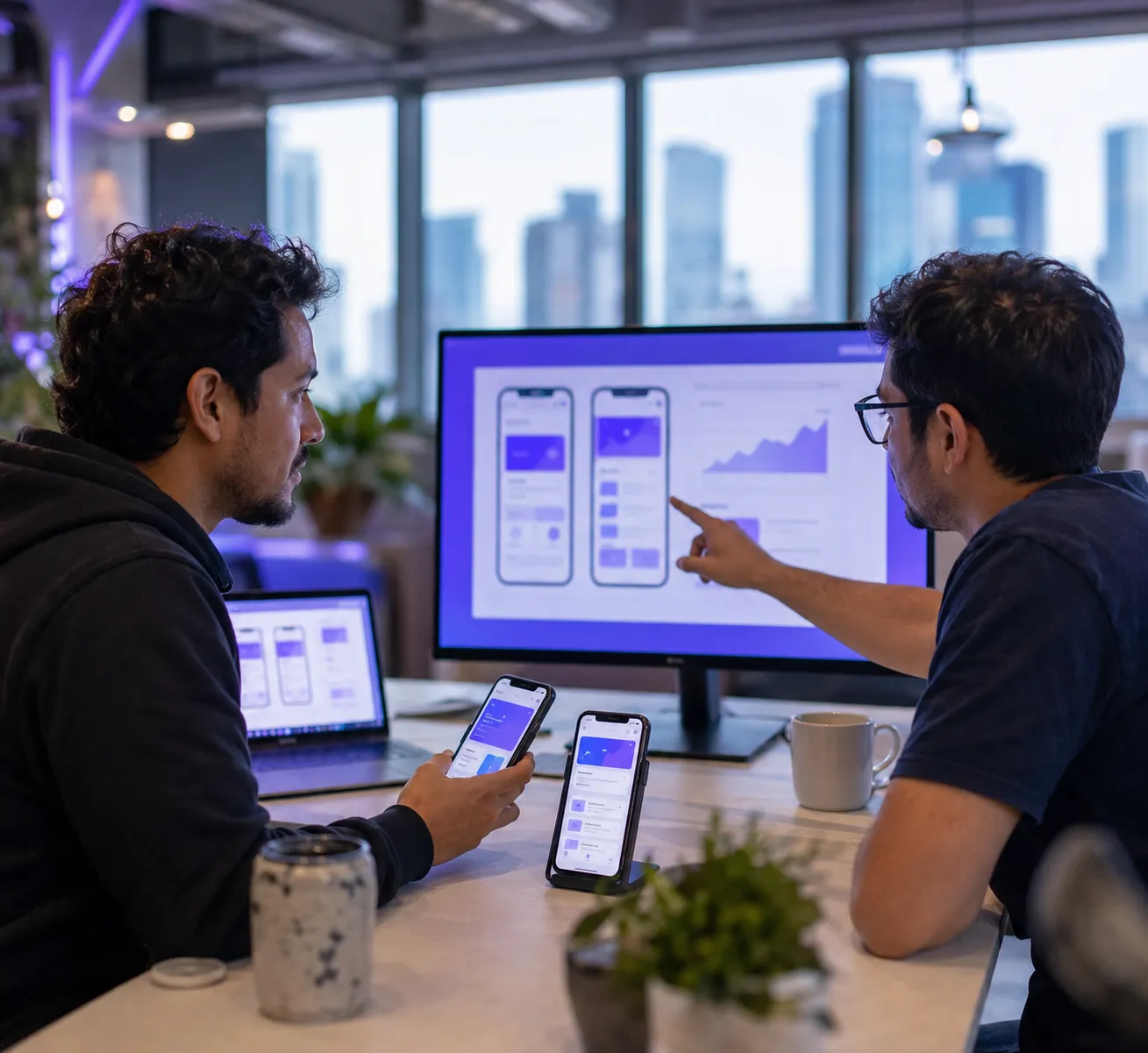 Two developers comparing custom mobile app screens on smartphones and a monitor showing a user growth chart