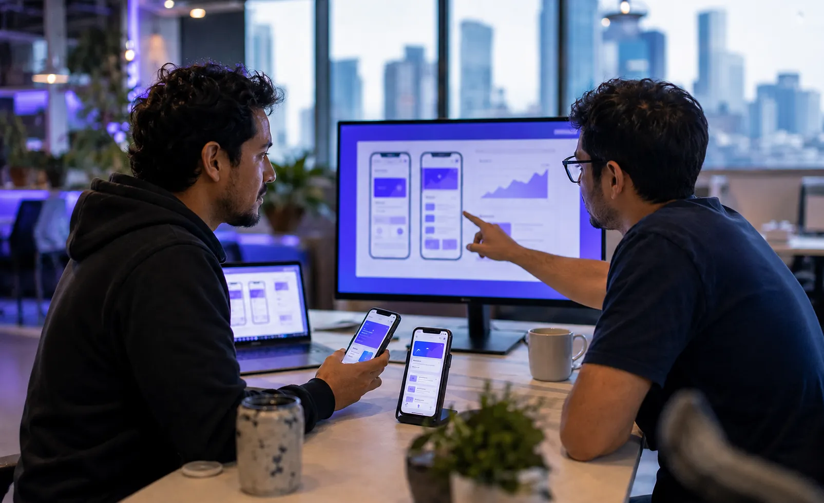 Two developers comparing custom mobile app screens on smartphones and a monitor showing a user growth chart