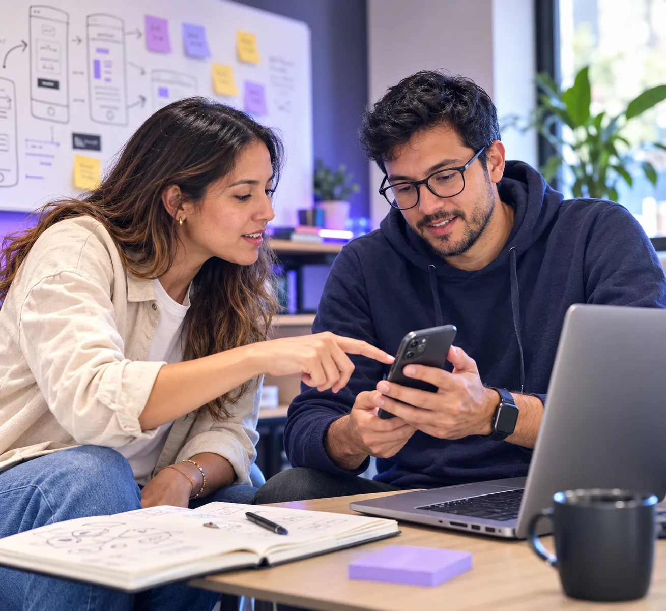 Startup founder and nearshore mobile app developer reviewing an app prototype together, with UI wireframes sketched on the whiteboard