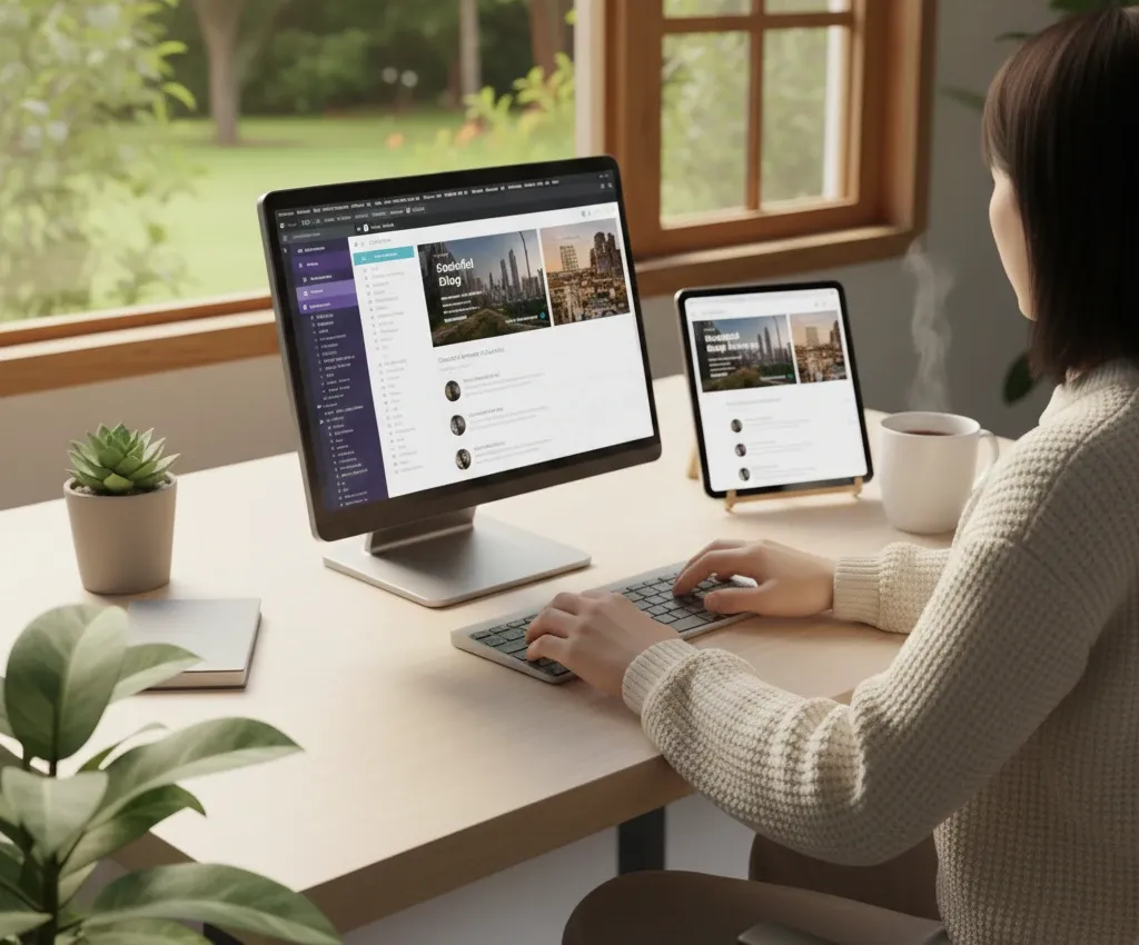 A woman in a white knit sweater sits at a clean, minimal desk by a large window, working on a desktop monitor while a tablet displaying the same website or application interface stands beside it.