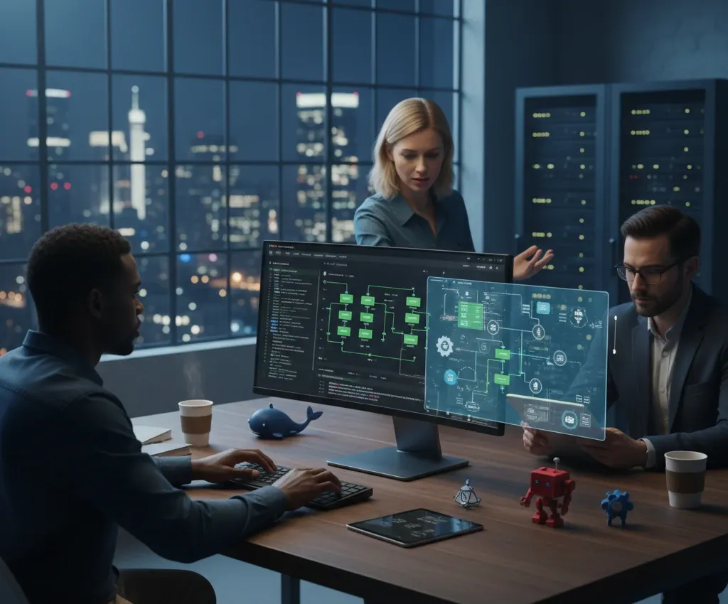 Three IT professionals collaborate in a dimly lit server room or network operations center at night. A woman stands between two seated male colleagues, all focused on a large monitor displaying a green-toned system architecture.