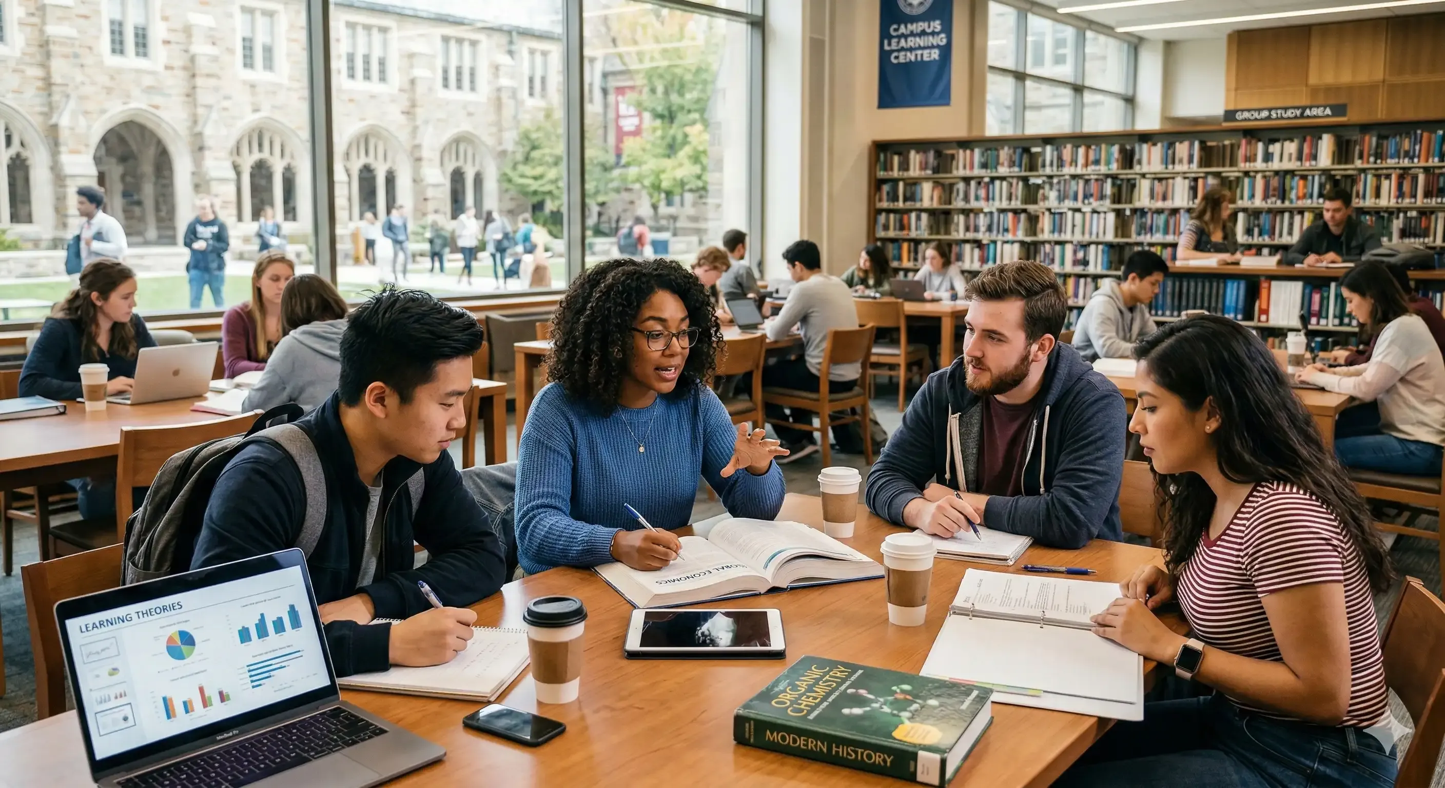 A diverse group of four college students collaborate around a wooden table in a bright, busy university library, with open textbooks, notebooks, and a laptop.