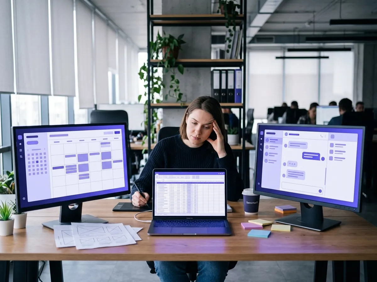 HR professional surrounded by fragmented, disconnected software tools and spreadsheets across multiple screens