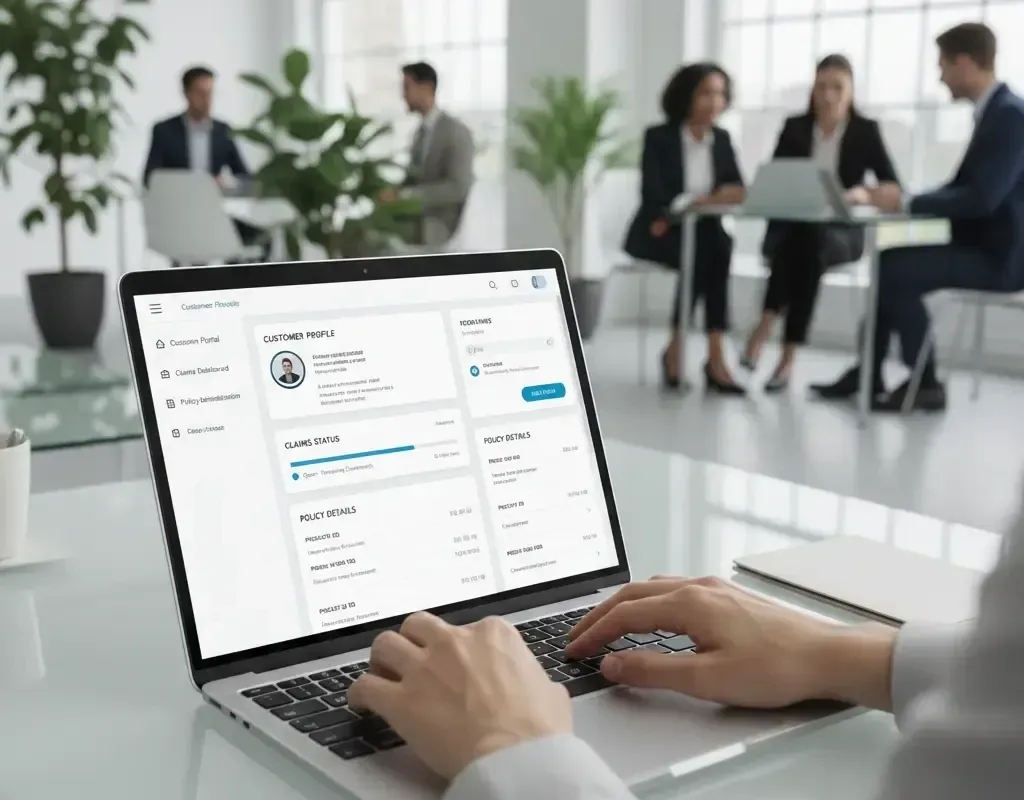 A person's hands typing on a laptop displaying a professional profile or HR management interface, with a blurred group of colleagues engaged in a meeting in a bright, modern office background.