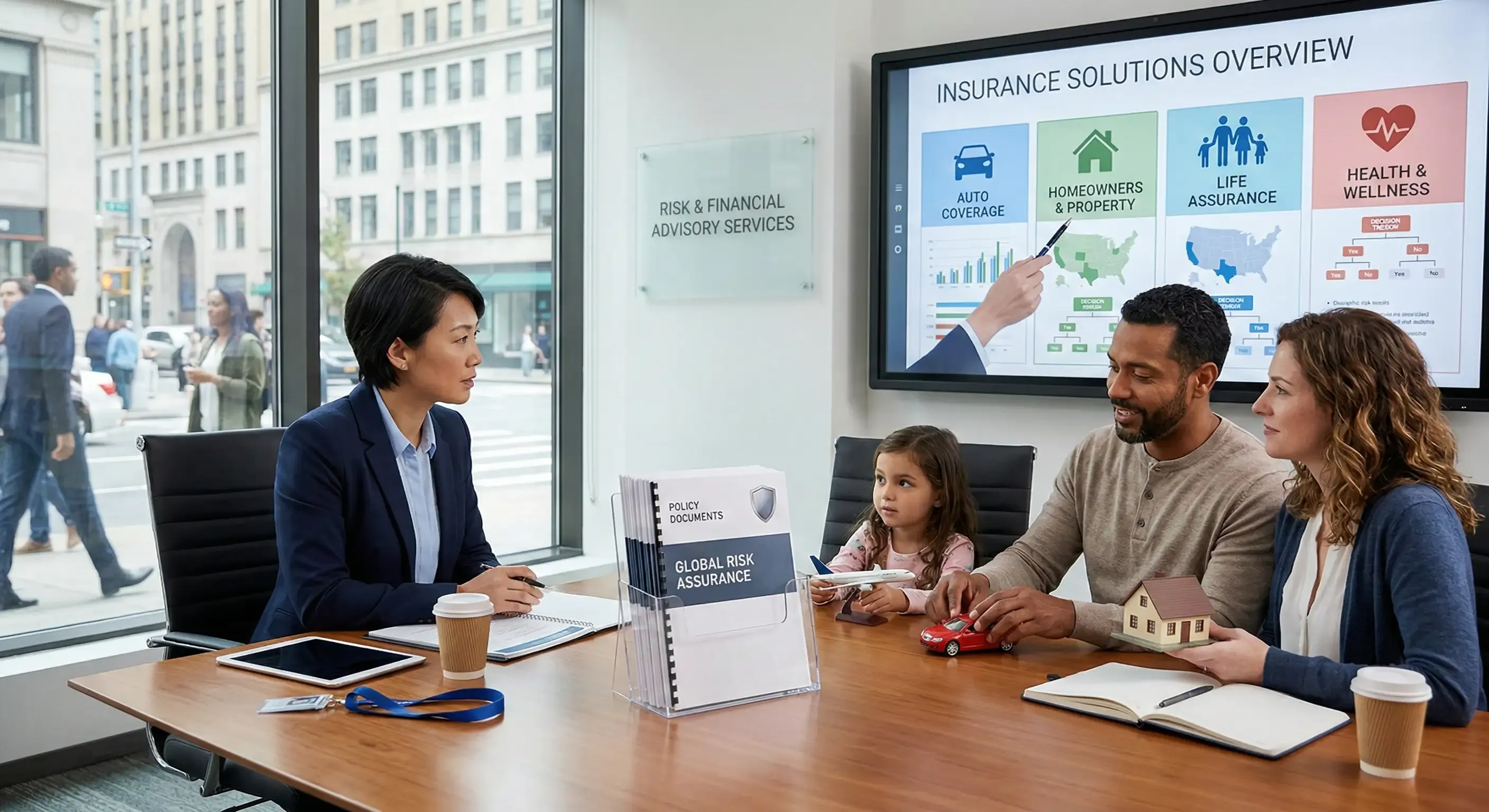 A professional consultant or advisor sits across a conference table from a family of three — a man, a woman, and a young girl — in a modern meeting room.
