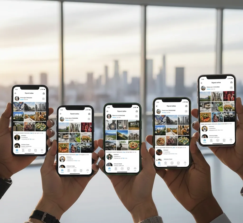Multiple hands holding smartphones showing social media feeds