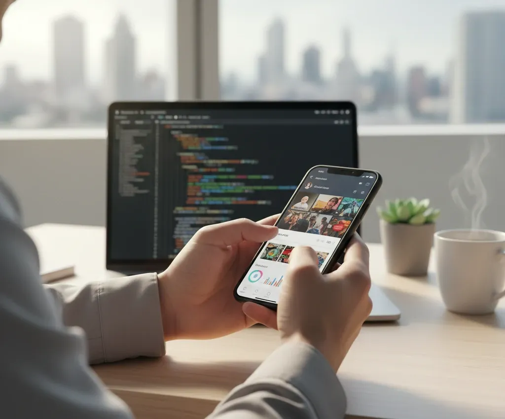 A person's hands holding a smartphone displaying a photo-rich app or website interface in the foreground, with a large monitor showing colorful coding scripts visible in the background