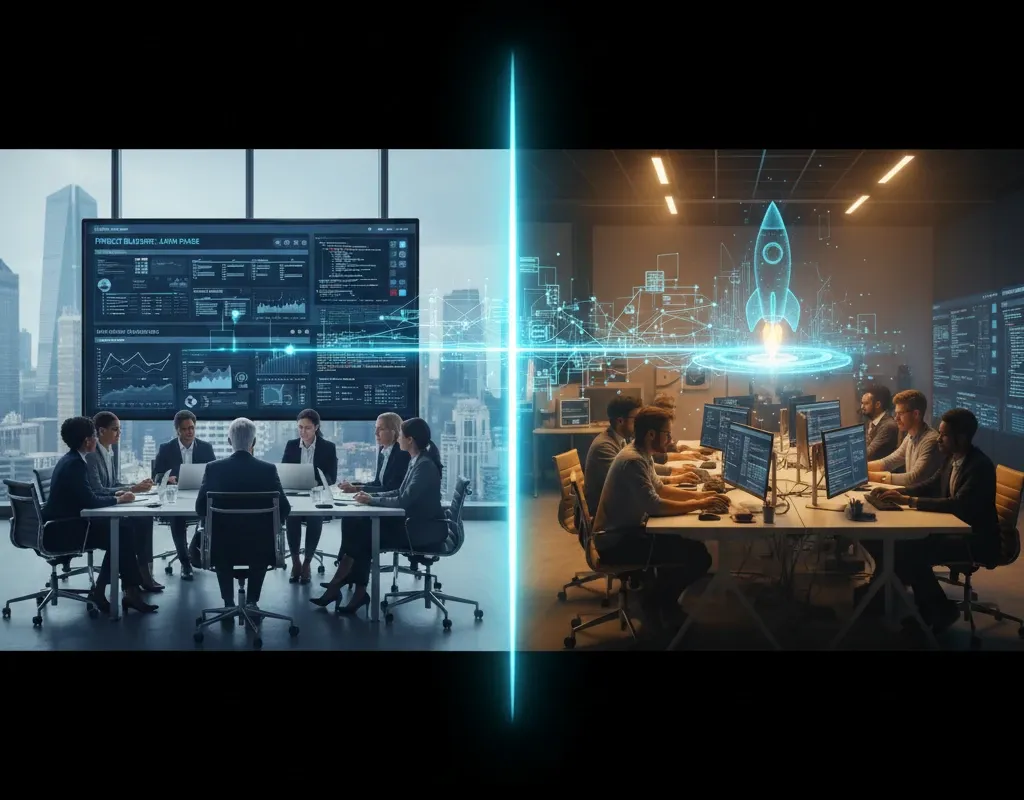 A dramatic split-screen composite image contrasting two futuristic work environments. On the left, a team of professionals sits in a sleek, high-tech command center with a large wall-mounted data dashboard displaying analytics and charts.