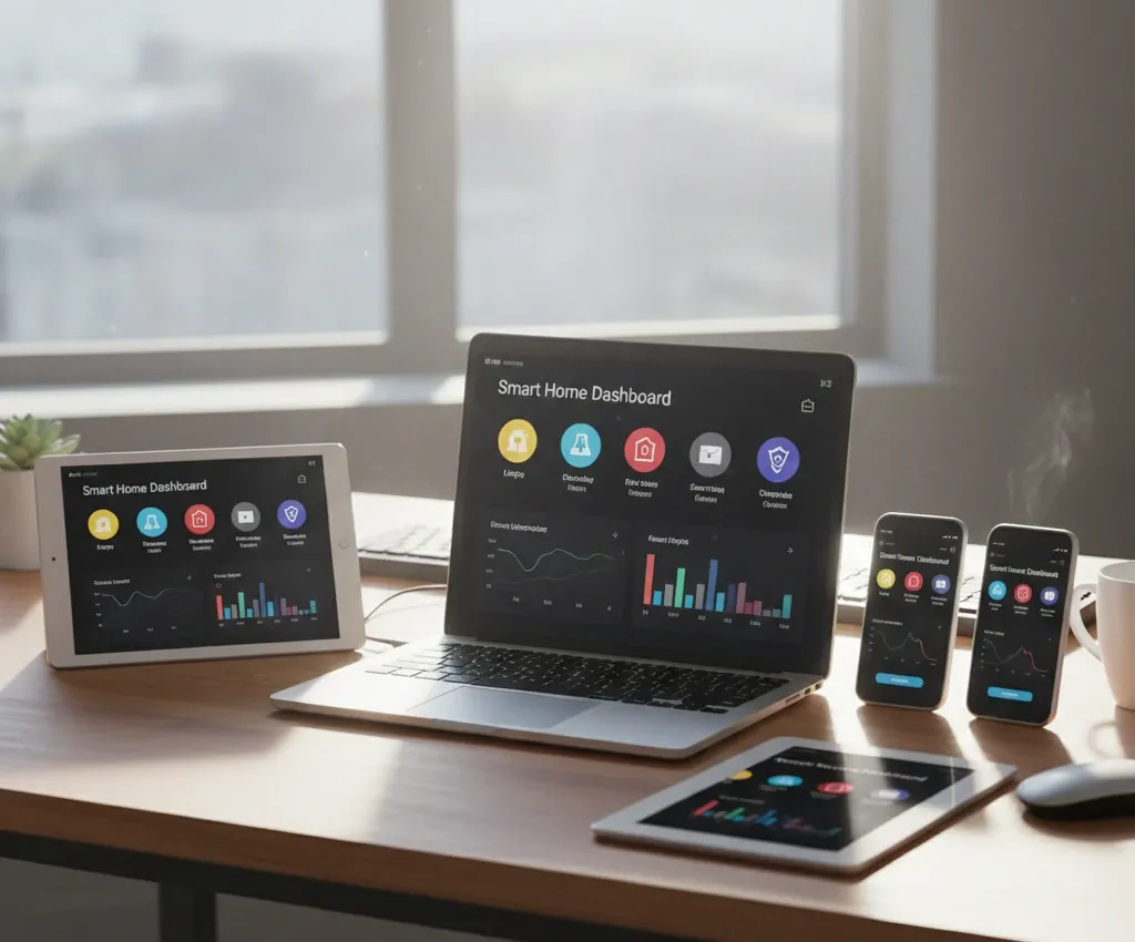 A multi-device mockup displayed on a wooden desk, featuring a laptop, tablet, and two smartphones all showing the same dark-themed analytics or business dashboard interface with colorful charts, graphs, and data visualizations.