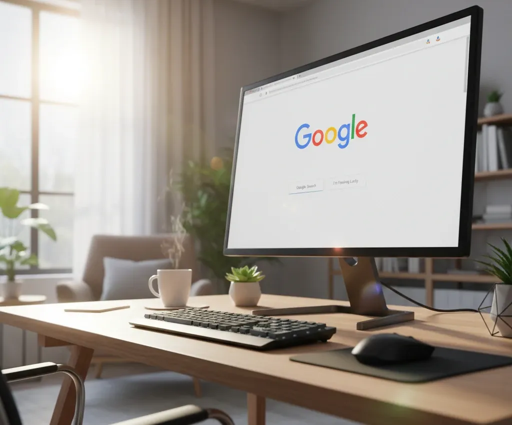 A large desktop monitor on a wooden desk displaying the Google homepage with its iconic multicolored logo and search bar. A keyboard, mouse, coffee mug, and decorative items are arranged on the desk.