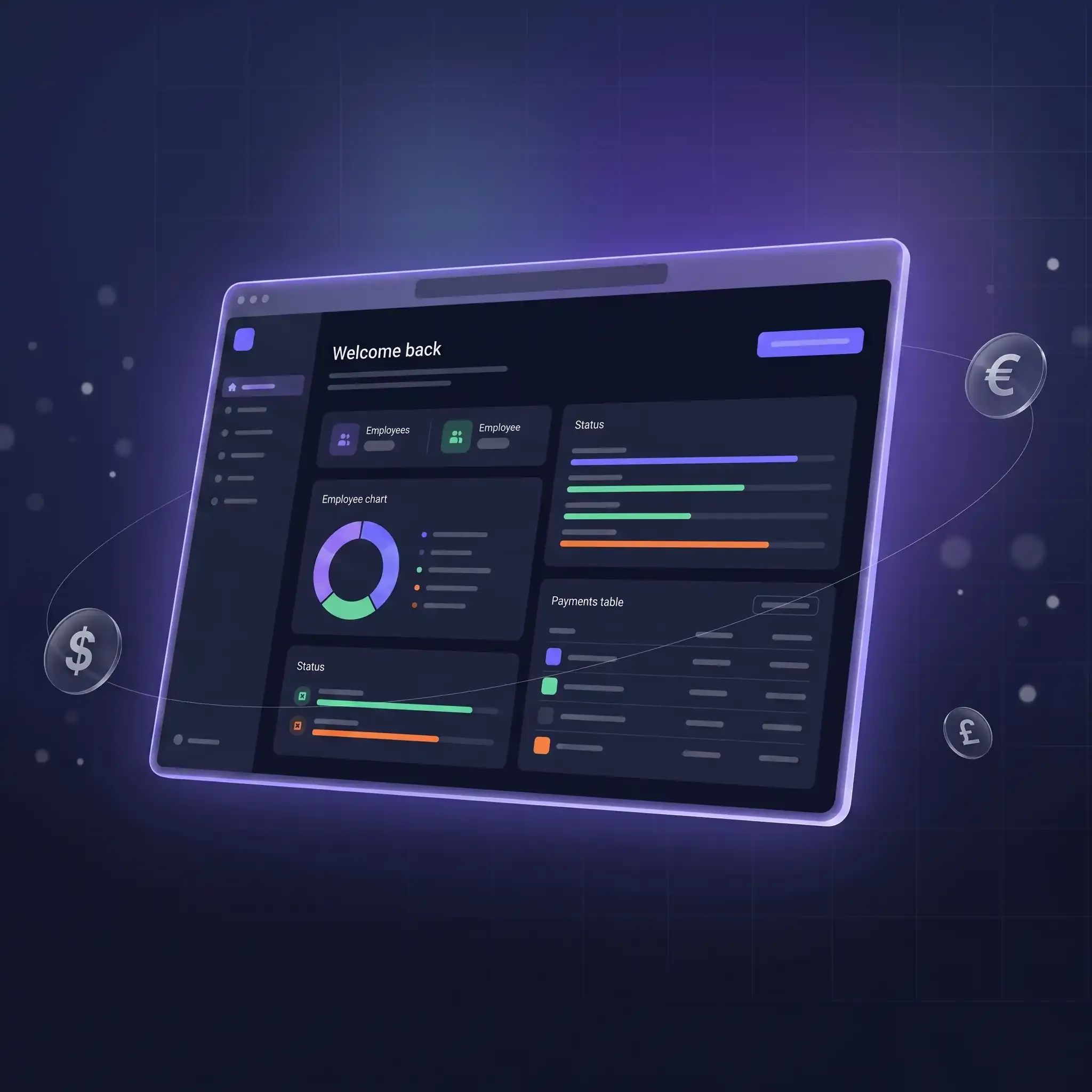 Dark analytics dashboard floating with glowing purple accents