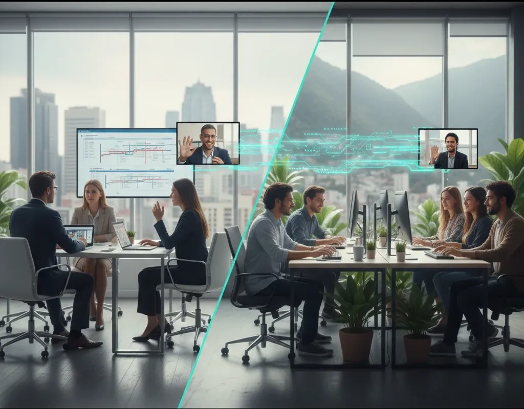 A split-screen image depicting two conference room teams engaged in a virtual meeting. On the left, a smaller group sits at a table facing a large display screen showing remote participants.