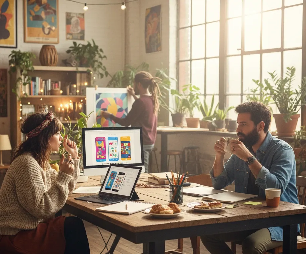 Two creative professionals sit across from each other at a large wooden table in a vibrant, plant-filled studio or creative workspace, engaged in a casual discussion over coffee. A laptop and tablet displaying a colorful app or website design interface.