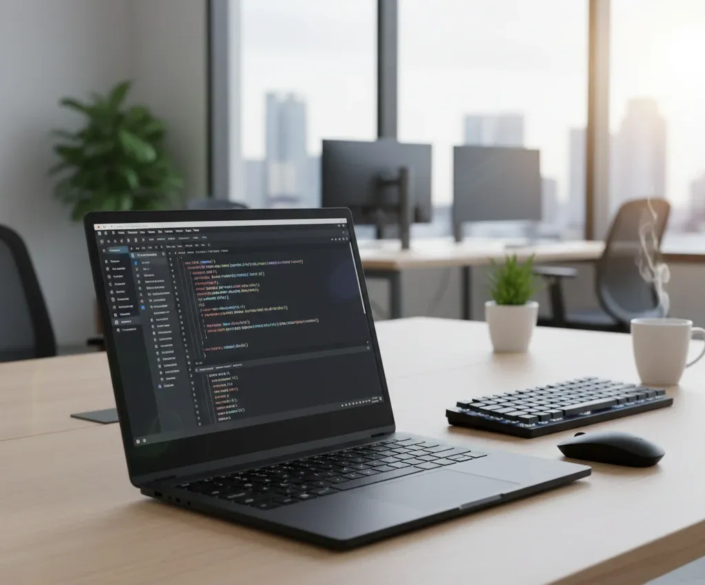 A laptop on a clean office desk displaying dark-themed code or programming script on its screen. A wireless keyboard, mouse, small potted plant, and notepad are neatly arranged beside it.